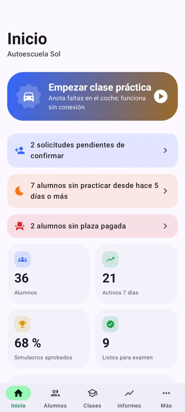 App Aula no Android: início com botão de aula prática e alertas