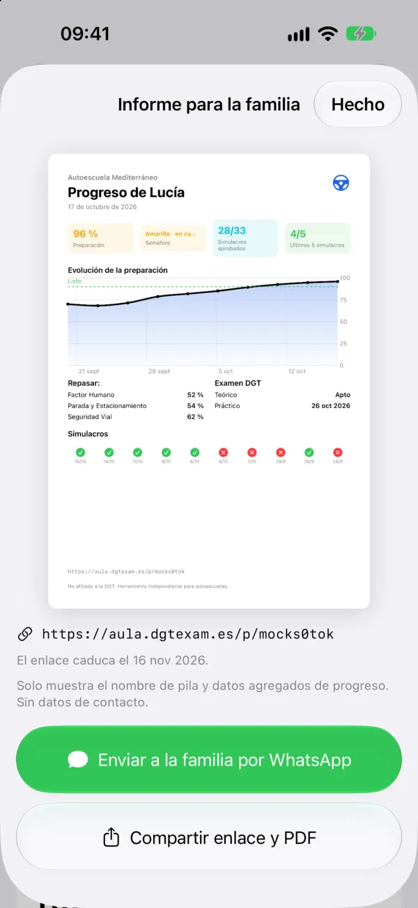App Aula no iPhone: relatório de progresso para a família pronto para enviar pelo WhatsApp