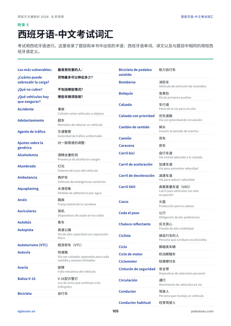 考试词汇：西班牙语附译文