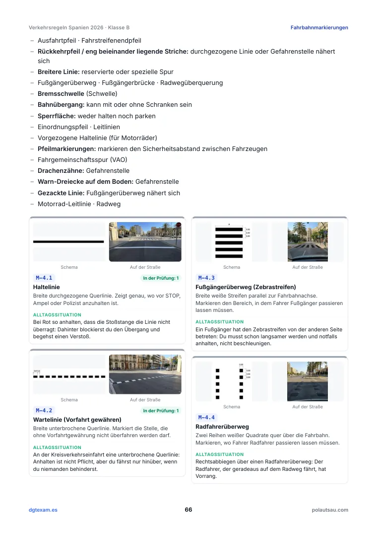 Fahrbahnmarkierungen mit Schema und Blick von der Straße