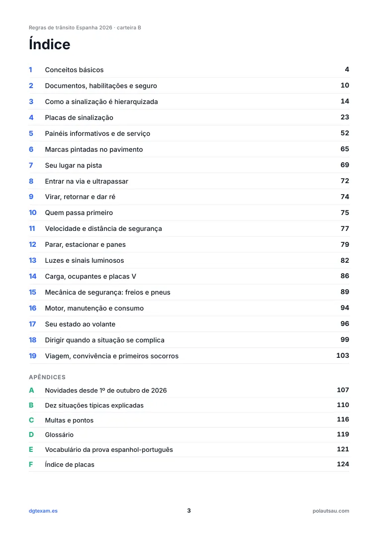 Índice em uma página com links para cada tema
